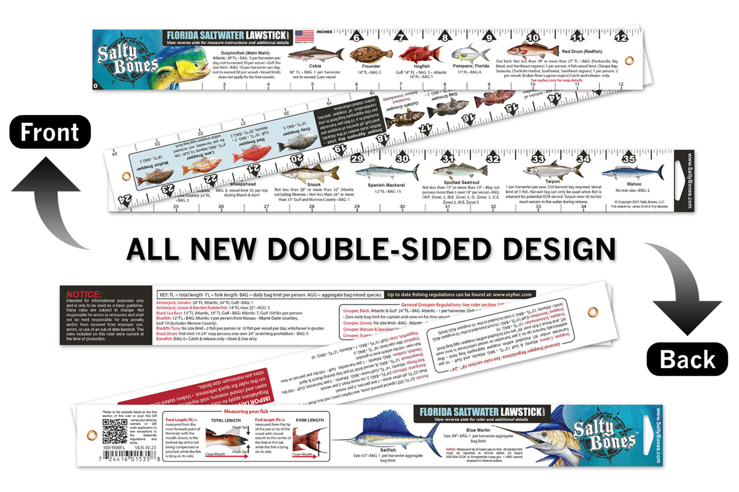 Salty Bones Florida Saltwater Lawstick - Double-Sided 36" Folding Fishing Ruler with Florida's Atlantic and Gulf Guidelines