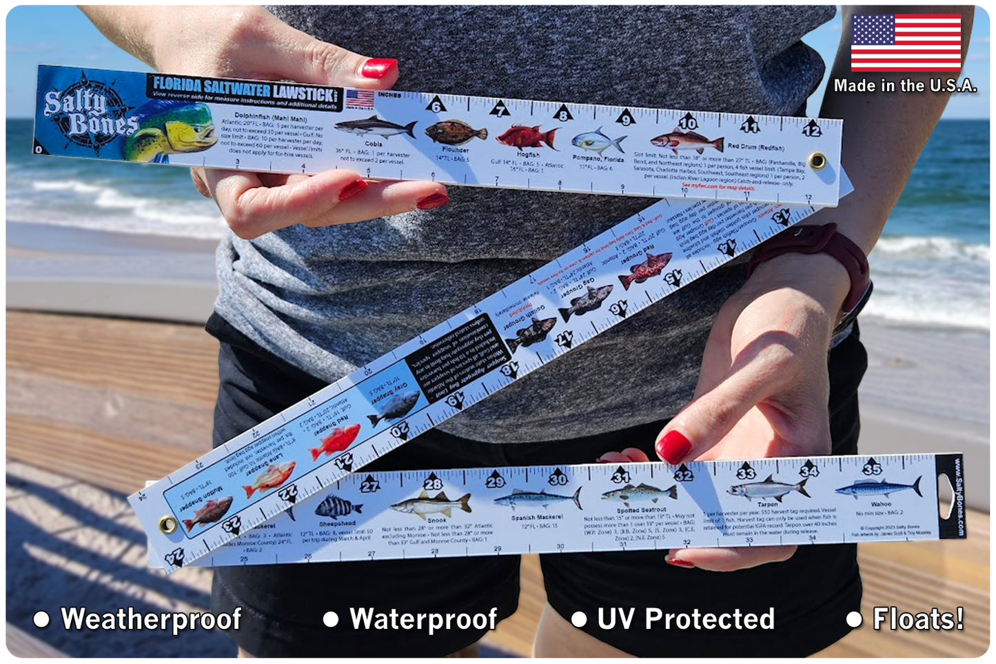 Salty Bones Florida Saltwater Lawstick - Double-Sided 36" Folding Fishing Ruler with Florida's Atlantic and Gulf Guidelines