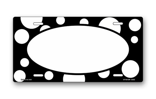 White Polka Dots on Black with White Oval License Plate