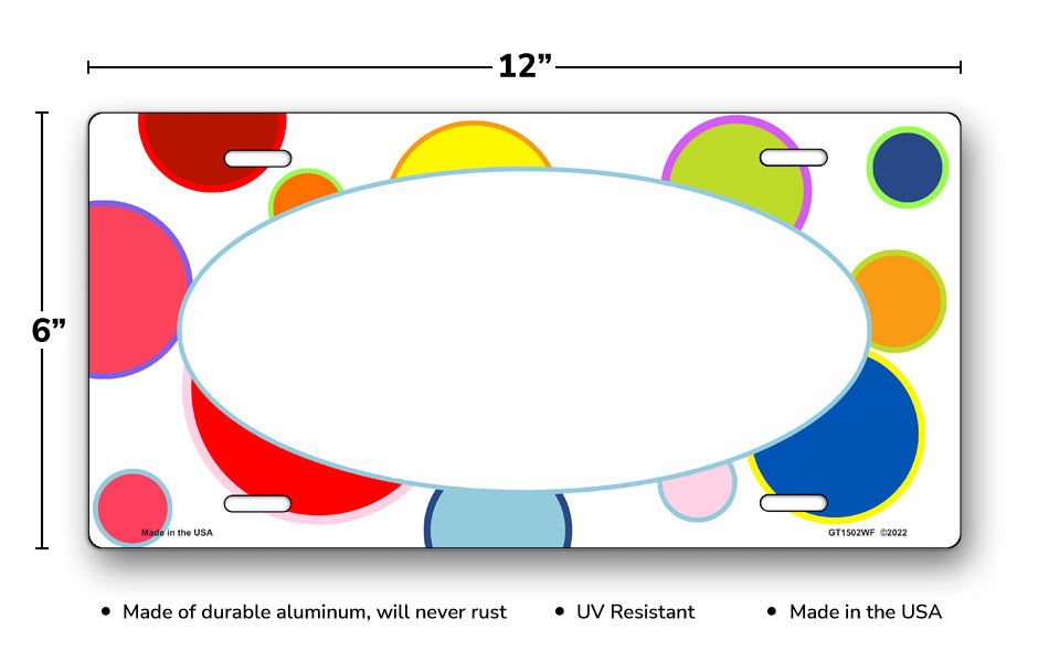 Colorful Polka Dots with White Oval License Plate