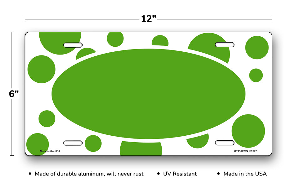 Green Polka Dots on White with Green Oval License Plate