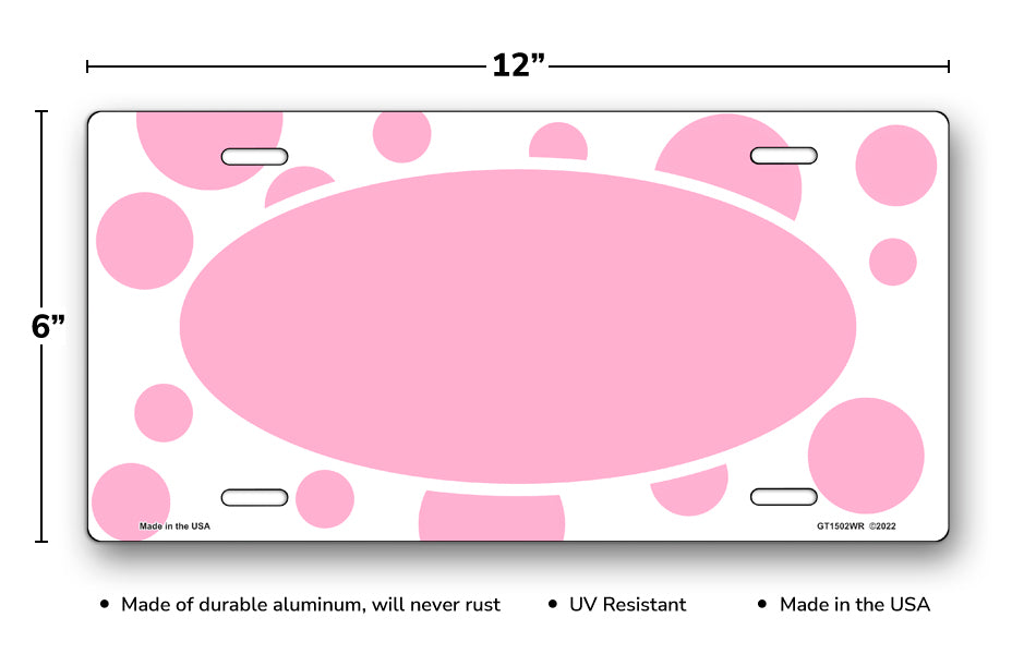Pink Polka Dots on White with Pink Oval License Plate