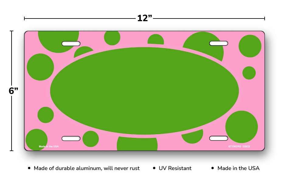 Green Polka Dots on Pink with Green Oval License Plate