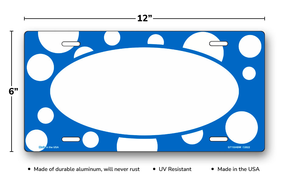 White Polka Dots on Blue with White Oval License Plate