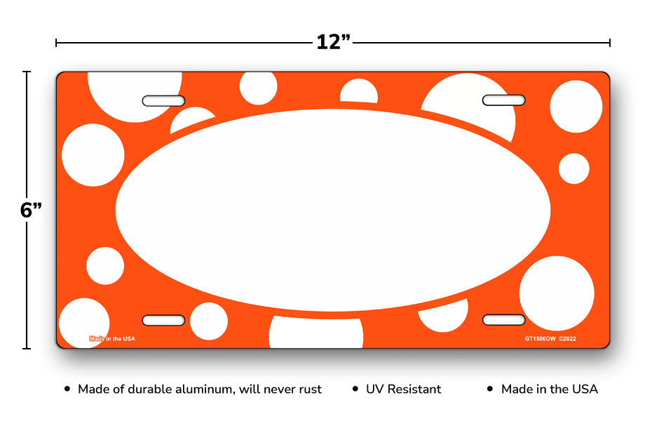 White Polka Dots on Orange with White Oval License Plate