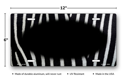 White and Black Zebra Fur with Black Oval License Plate