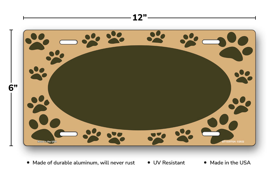 Brown Paw Prints on Tan with Brown Oval License Plate