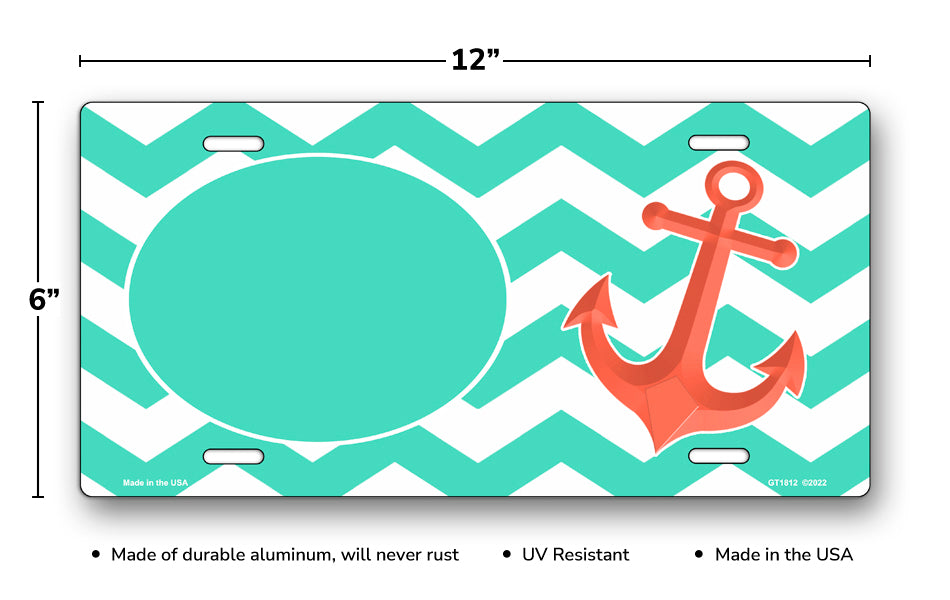 Teal Oval and Chevron on White with Anchor License Plate