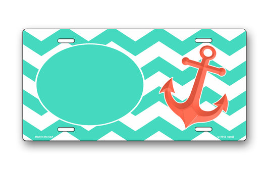Teal Oval and Chevron on White with Anchor License Plate