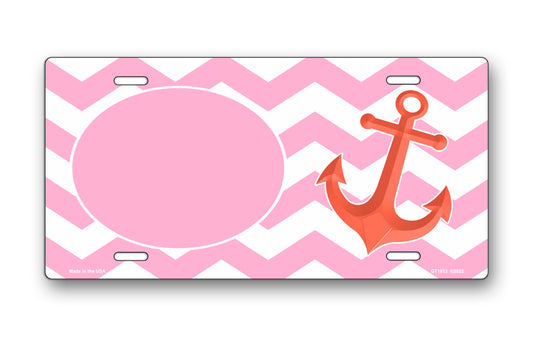 Pink Oval and Chevron on White with Anchor License Plate