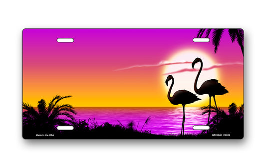 Purple and Yellow Beach Flamingos Scenic License Plate