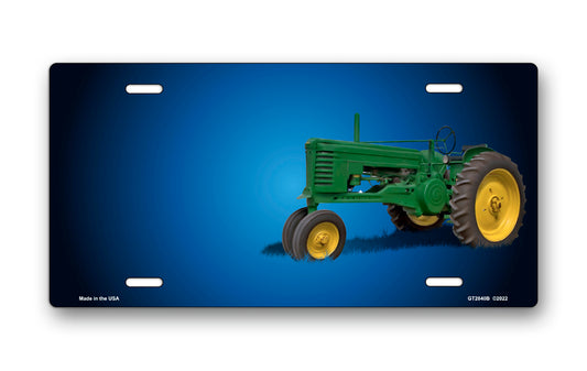 Green Tractor on Blue Offset License Plate
