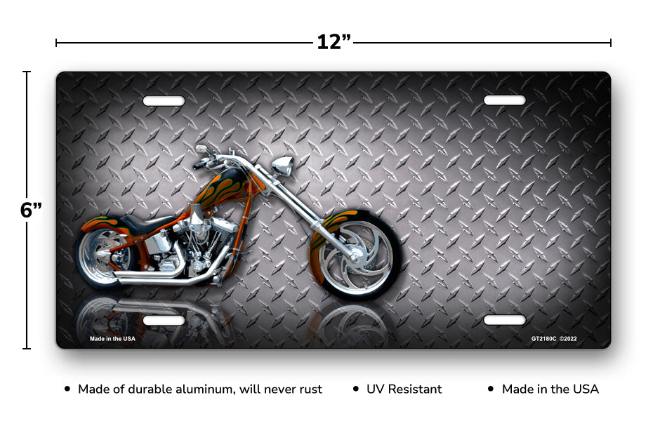 Motorcycle on Simulated Diamond Plate Offset License Plate