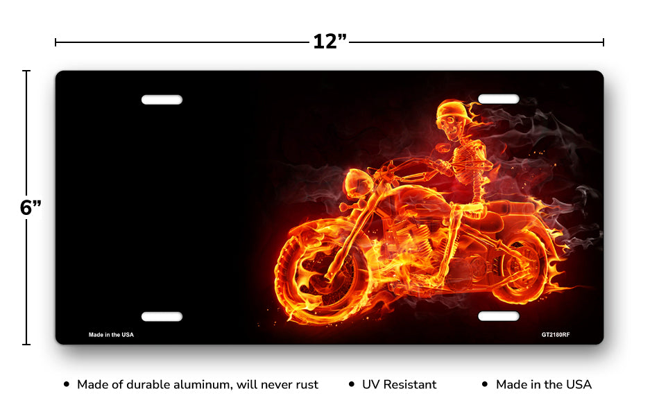 Burning Motorcycle Rider on Black Offset License Plate