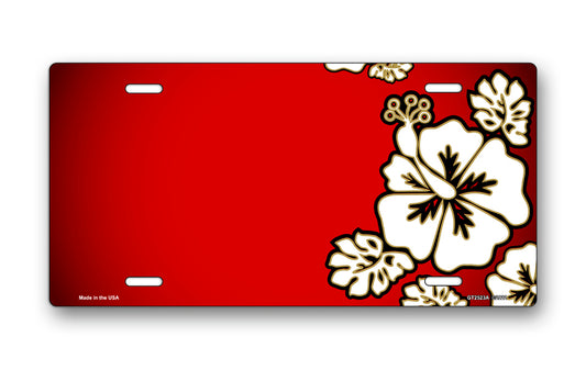 White Hibiscus on Red Offset License Plate