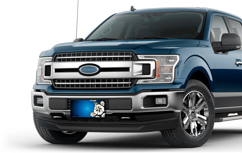 White Hibiscus on Blue Offset License Plate