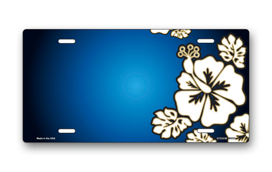 White Hibiscus on Blue Offset License Plate
