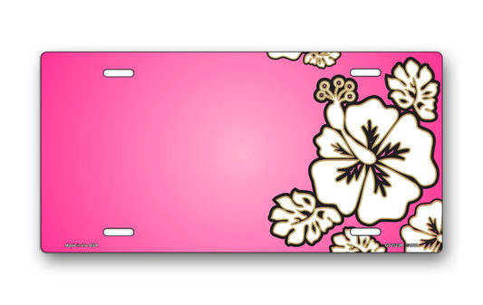 White Hibiscus on Pink Offset License Plate