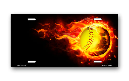 Fastpitch Softball Fireball on Black Offset License Plate