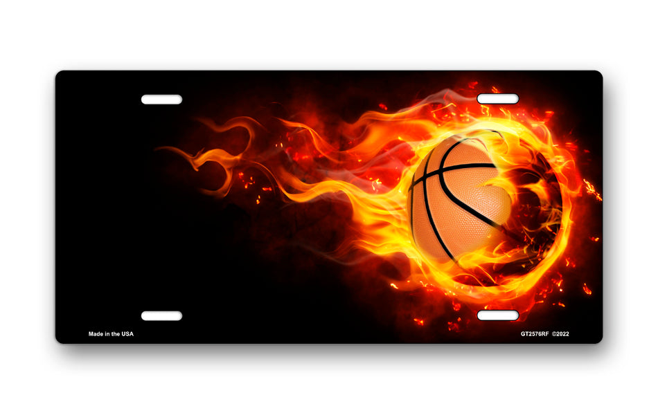 Basketball Fireball on Black Offset License Plate