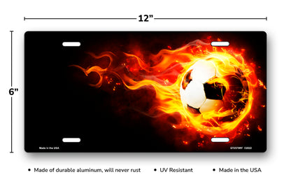 Soccer Fireball on Black Offset License Plate