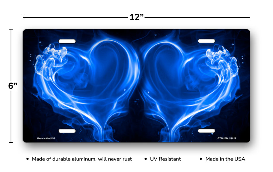 Blue Fire Hearts on Black License Plate