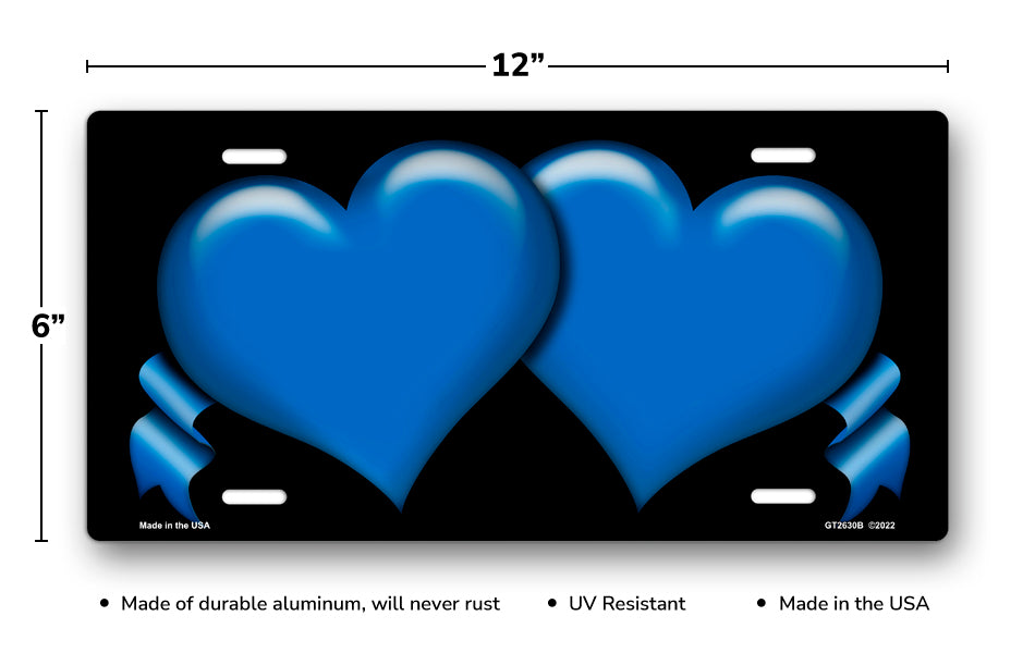 Blue Hearts and Ribbons on Black License Plate