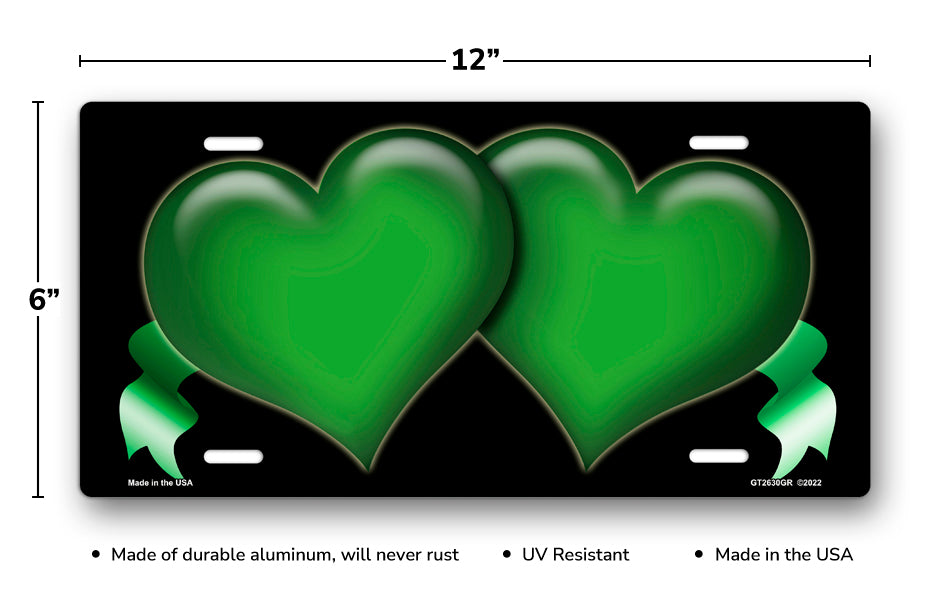 Green Hearts and Ribbons on Black License Plate