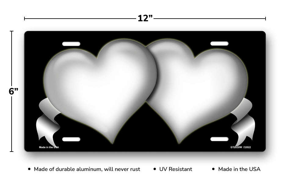 White Hearts and Ribbons on Black License Plate