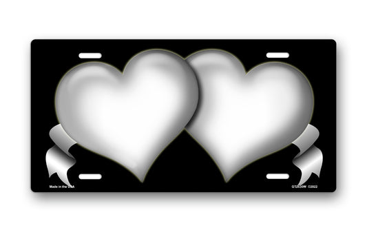 White Hearts and Ribbons on Black License Plate