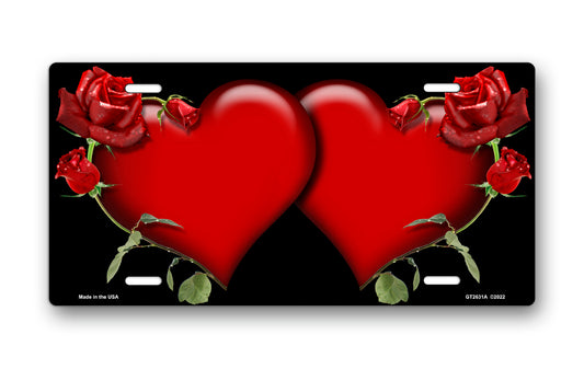 Red Hearts and Roses on Black License Plate