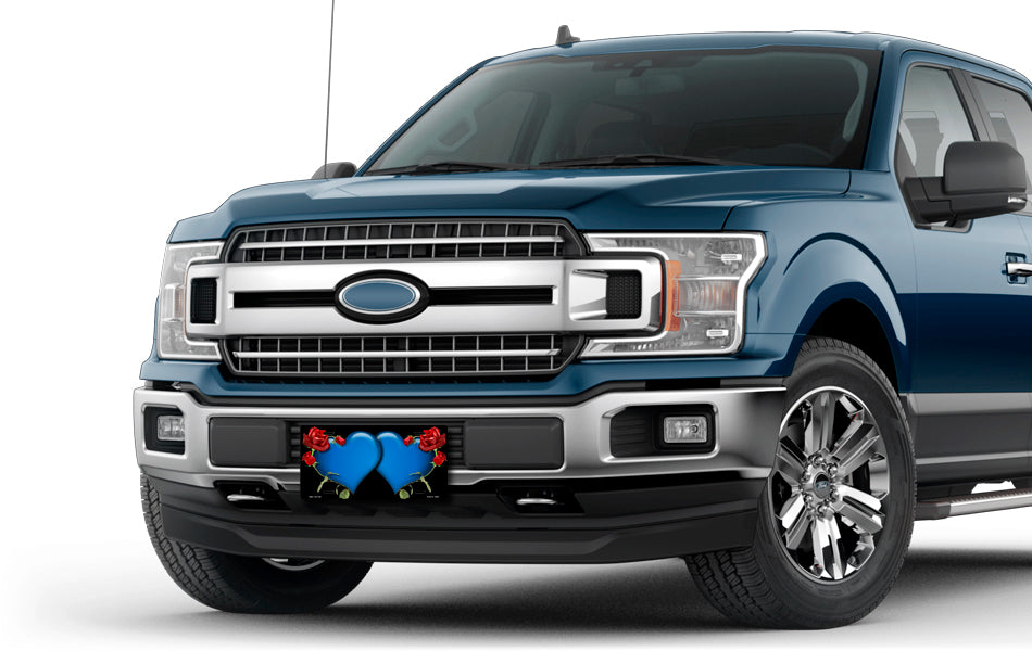 Blue Hearts and Red Roses on Black License Plate