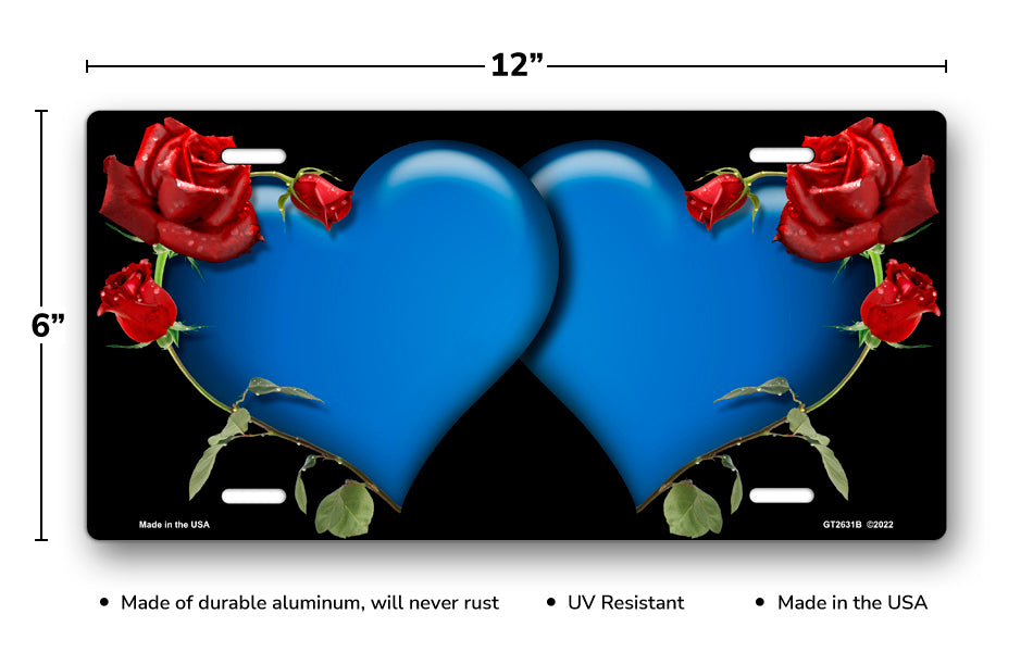 Blue Hearts and Red Roses on Black License Plate