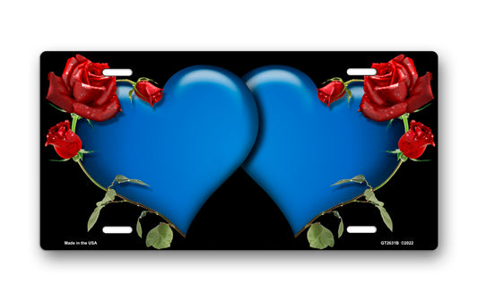 Blue Hearts and Red Roses on Black License Plate