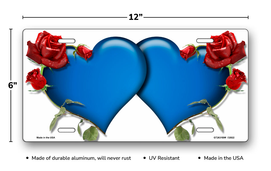 Blue Hearts and Red Roses on White License Plate