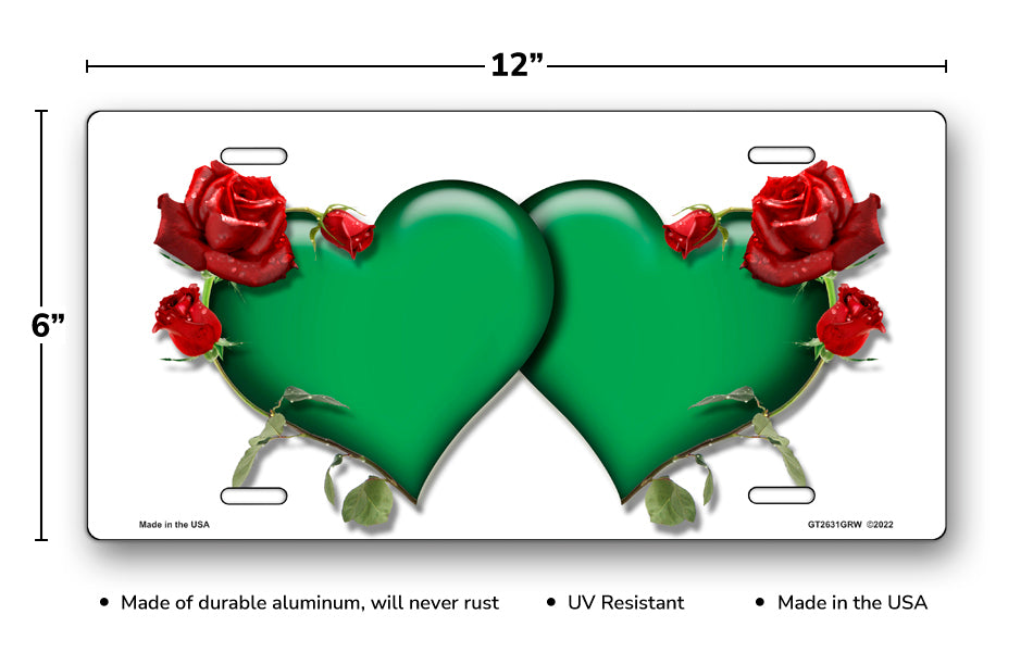 Green Hearts and Red Roses on White License Plate