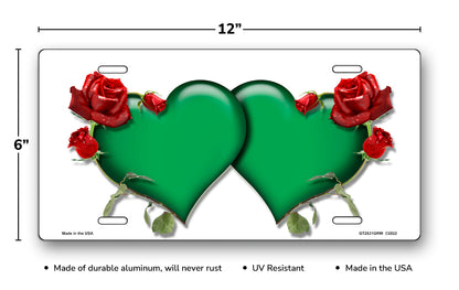 Green Hearts and Red Roses on White License Plate