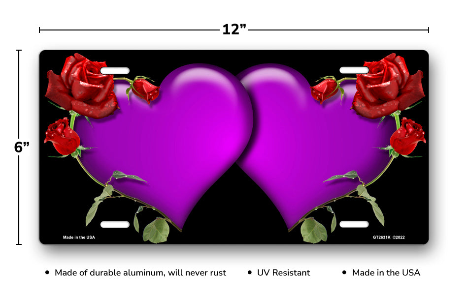 Purple Hearts and Red Roses on Black License Plate