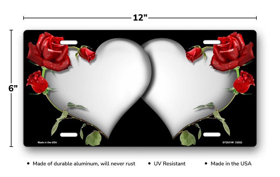 White Hearts and Red Roses on Black License Plate