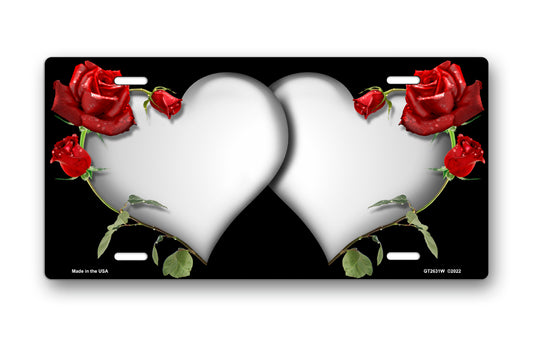 White Hearts and Red Roses on Black License Plate