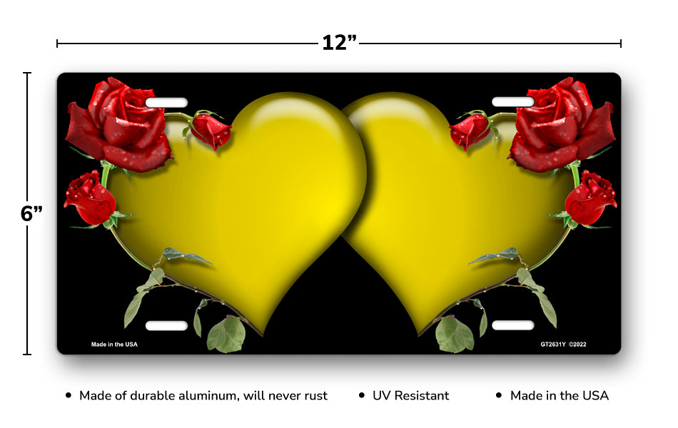 Yellow Hearts and Red Roses on Black License Plate