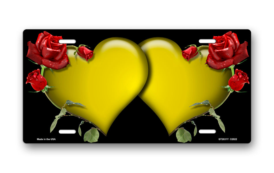 Yellow Hearts and Red Roses on Black License Plate