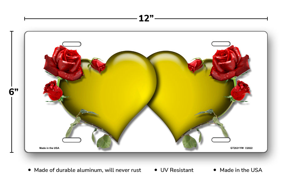 Yellow Hearts and Red Roses on White License Plate