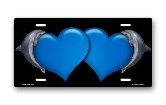Dolphins and Blue Hearts on Black License Plate