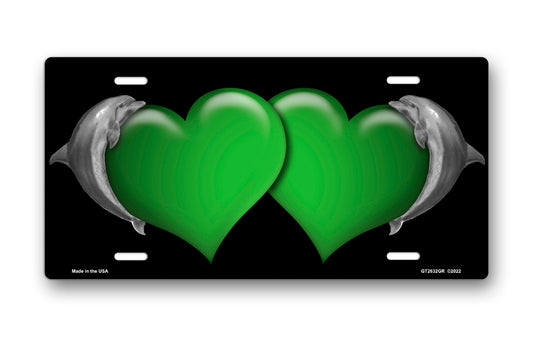 Dolphins and Green Hearts on Black License Plate