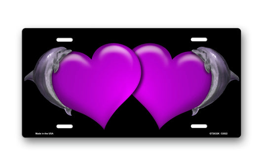 Dolphins and Purple Hearts on Black License Plate