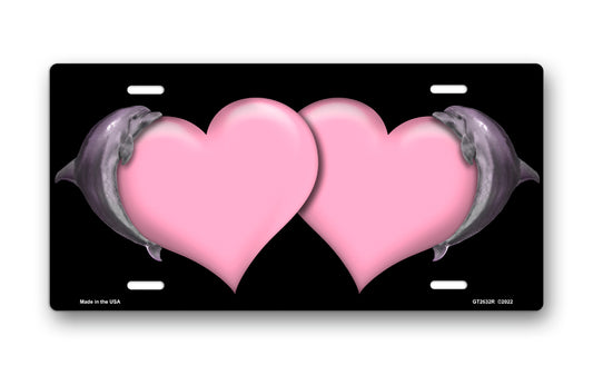 Dolphins and Pink Hearts on Black License Plate