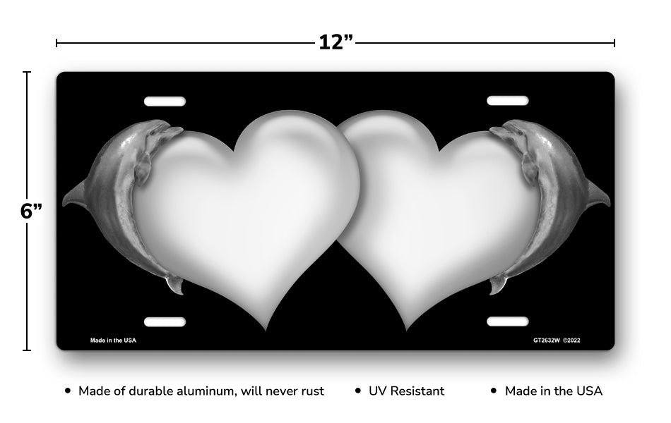 Dolphins and White Hearts on Black License Plate