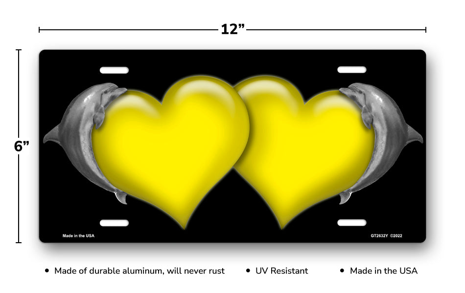 Dolphins and Yellow Hearts on Black License Plate