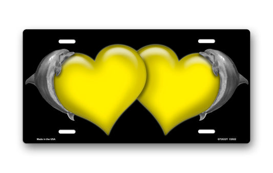 Dolphins and Yellow Hearts on Black License Plate